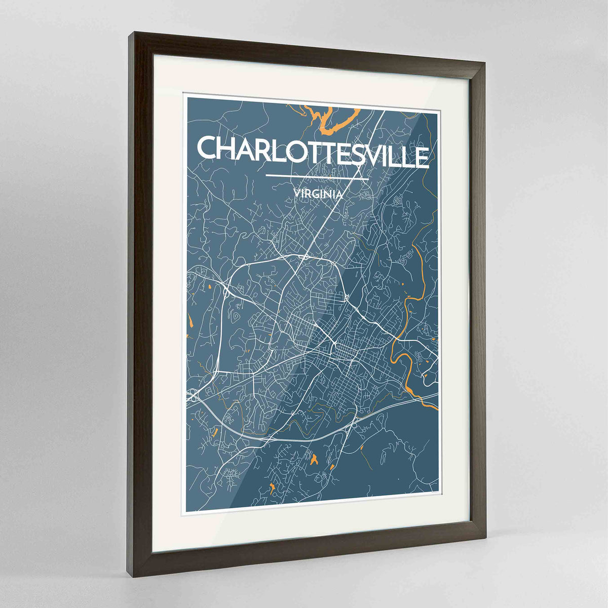 Framed Charlottesville Map Art Print 24x36&quot; Contemporary Walnut frame Point Two Design Group