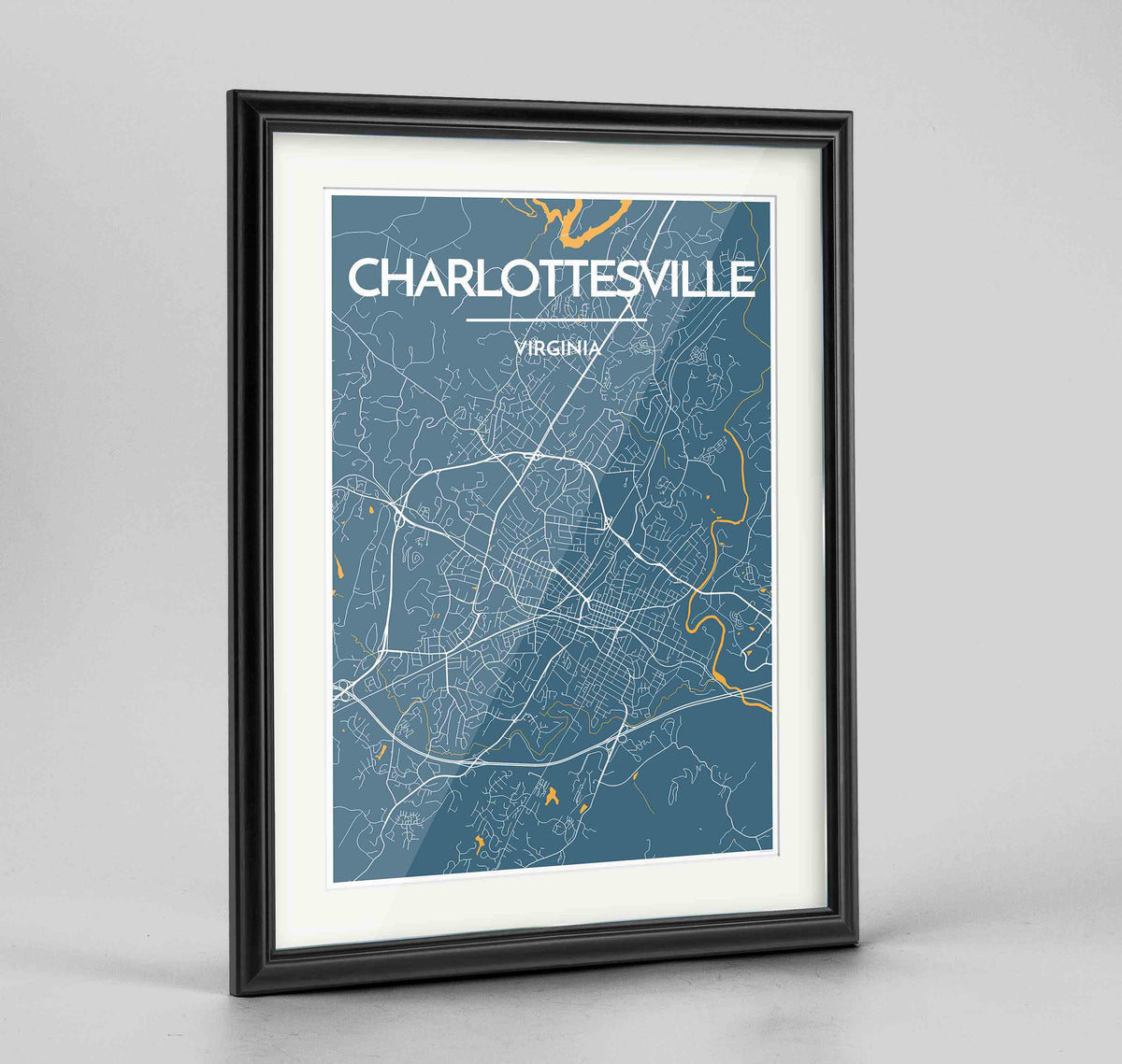 Framed Charlottesville Map Art Print 24x36&quot; Traditional Black frame Point Two Design Group
