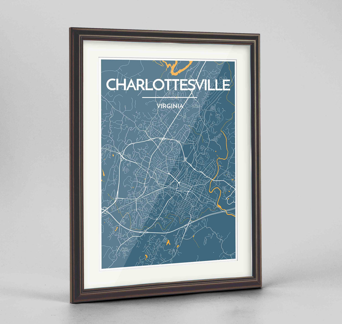 Framed Charlottesville Map Art Print 24x36&quot; Traditional Walnut frame Point Two Design Group