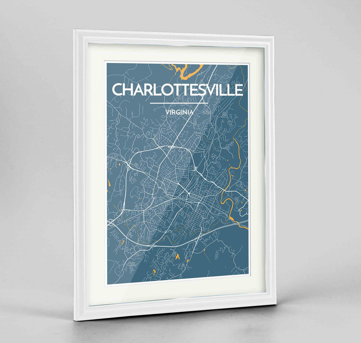 Framed Charlottesville Map Art Print 24x36&quot; Traditional White frame Point Two Design Group