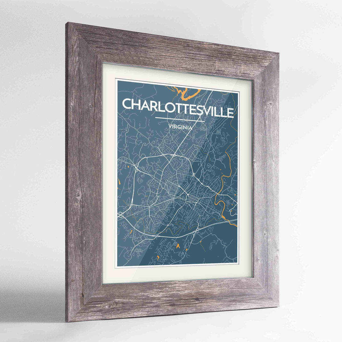 Framed Charlottesville Map Art Print 24x36&quot; Western Grey frame Point Two Design Group