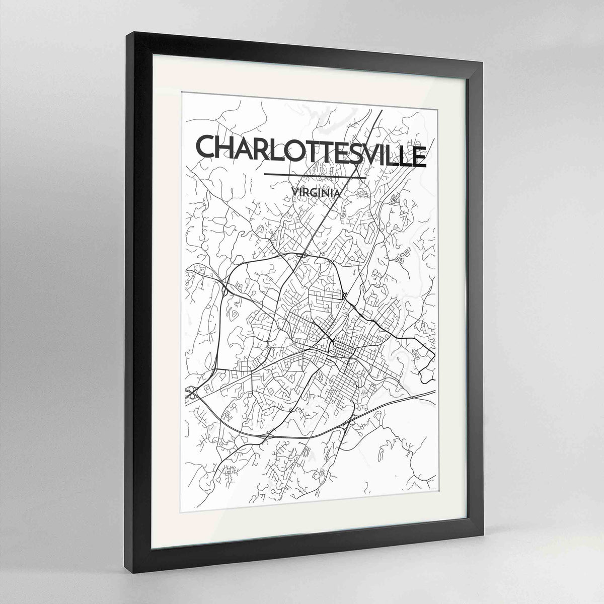 Framed Charlottesville Map Art Print 24x36&quot; Contemporary Black frame Point Two Design Group