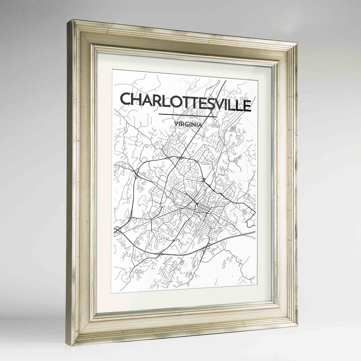 Framed Charlottesville Map Art Print 24x36&quot; Champagne frame Point Two Design Group