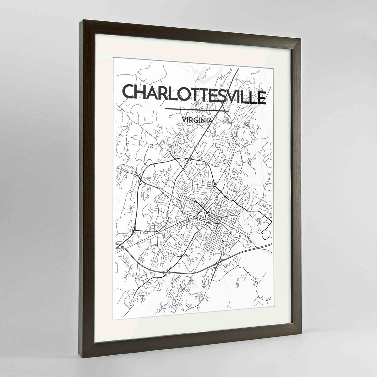 Framed Charlottesville Map Art Print 24x36&quot; Contemporary Walnut frame Point Two Design Group