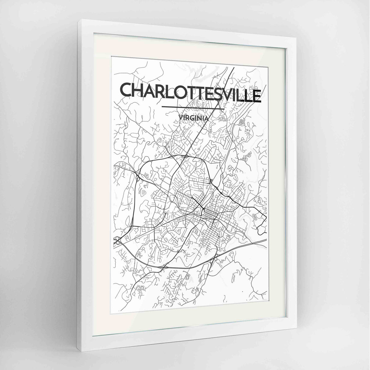 Framed Charlottesville Map Art Print 24x36&quot; Contemporary White frame Point Two Design Group