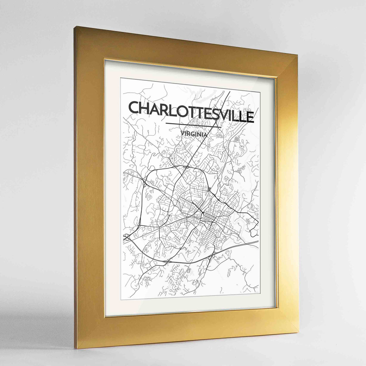 Framed Charlottesville Map Art Print 24x36&quot; Gold frame Point Two Design Group