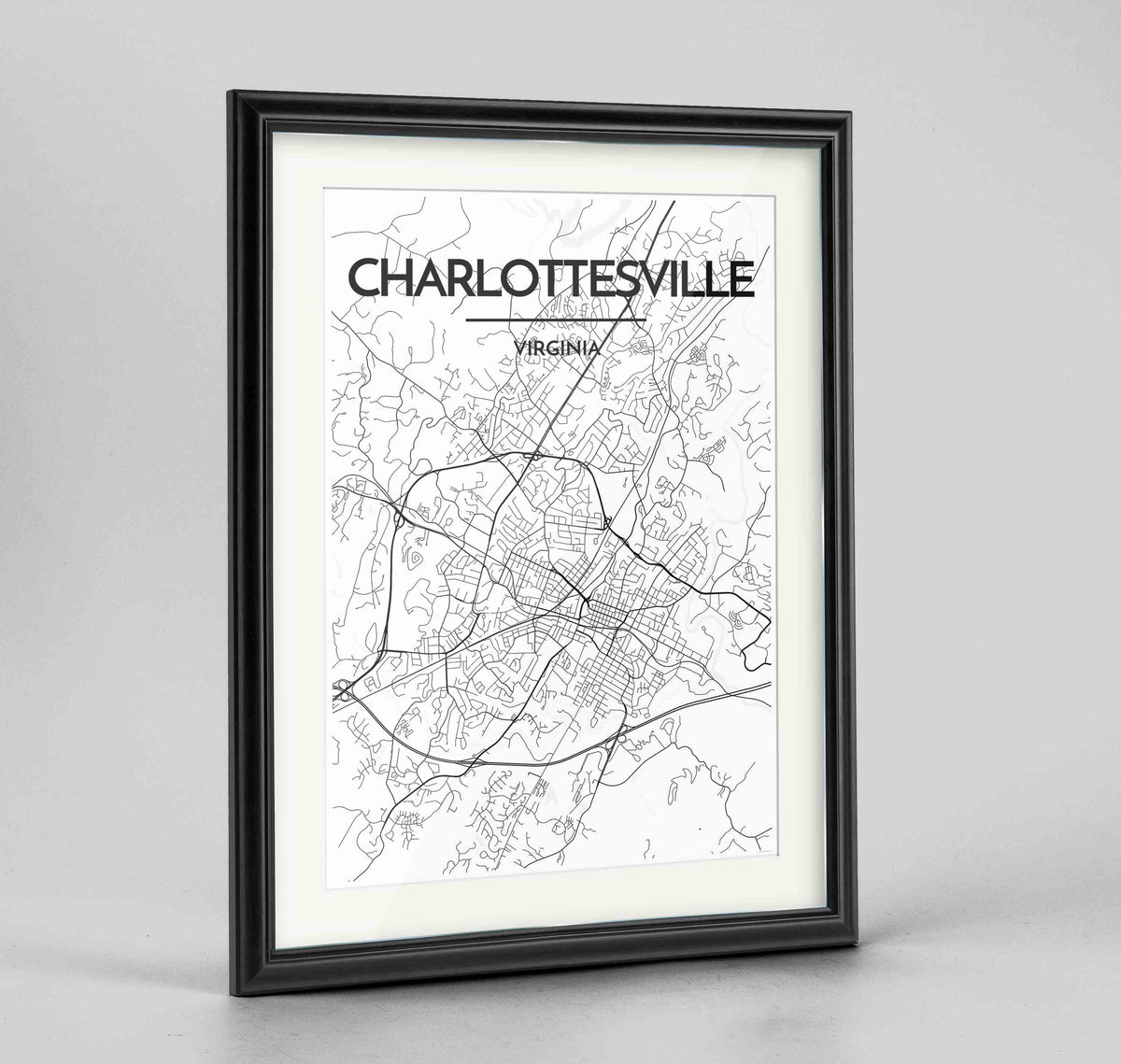 Framed Charlottesville Map Art Print 24x36&quot; Traditional Black frame Point Two Design Group