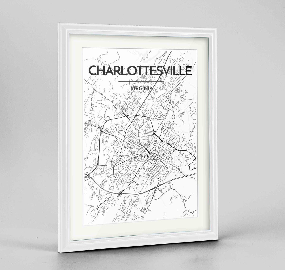 Framed Charlottesville Map Art Print 24x36&quot; Traditional White frame Point Two Design Group