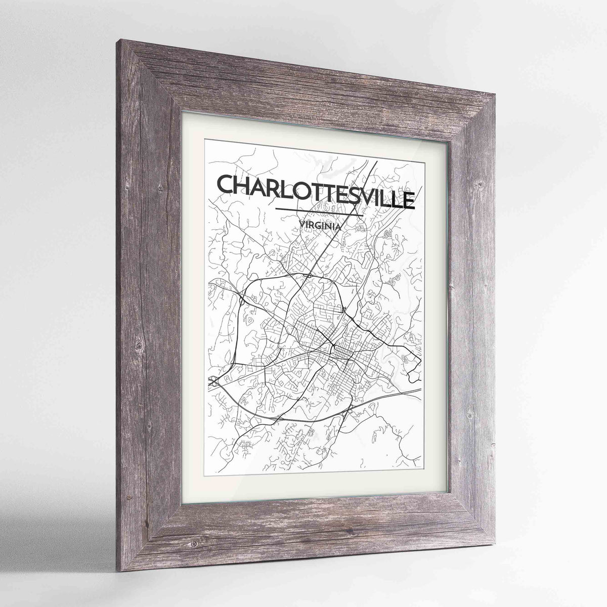 Framed Charlottesville Map Art Print 24x36&quot; Western Grey frame Point Two Design Group