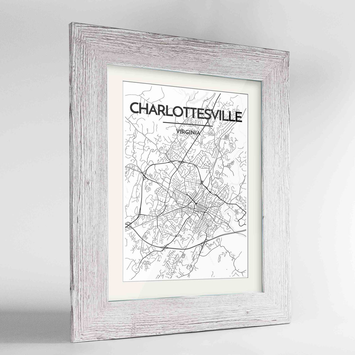 Framed Charlottesville Map Art Print 24x36&quot; Western White frame Point Two Design Group