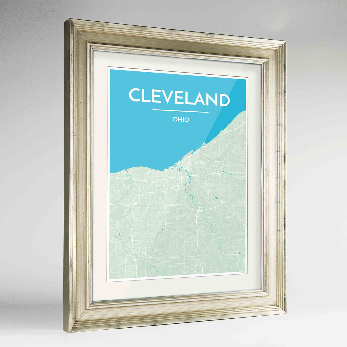 Framed Cleveland Map Art Print 24x36&quot; Champagne frame Point Two Design Group
