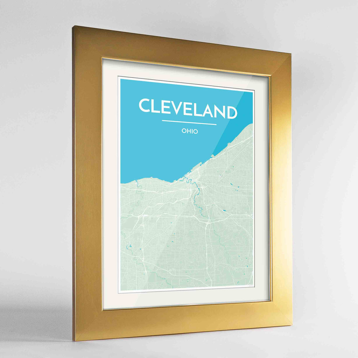 Framed Cleveland Map Art Print 24x36&quot; Gold frame Point Two Design Group