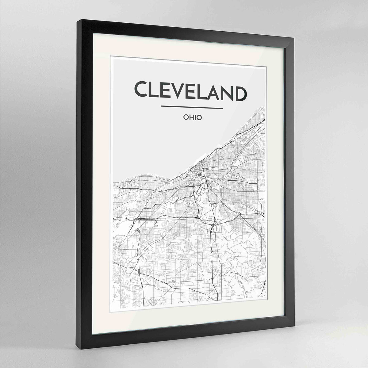 Framed Cleveland Map Art Print 24x36&quot; Contemporary Black frame Point Two Design Group