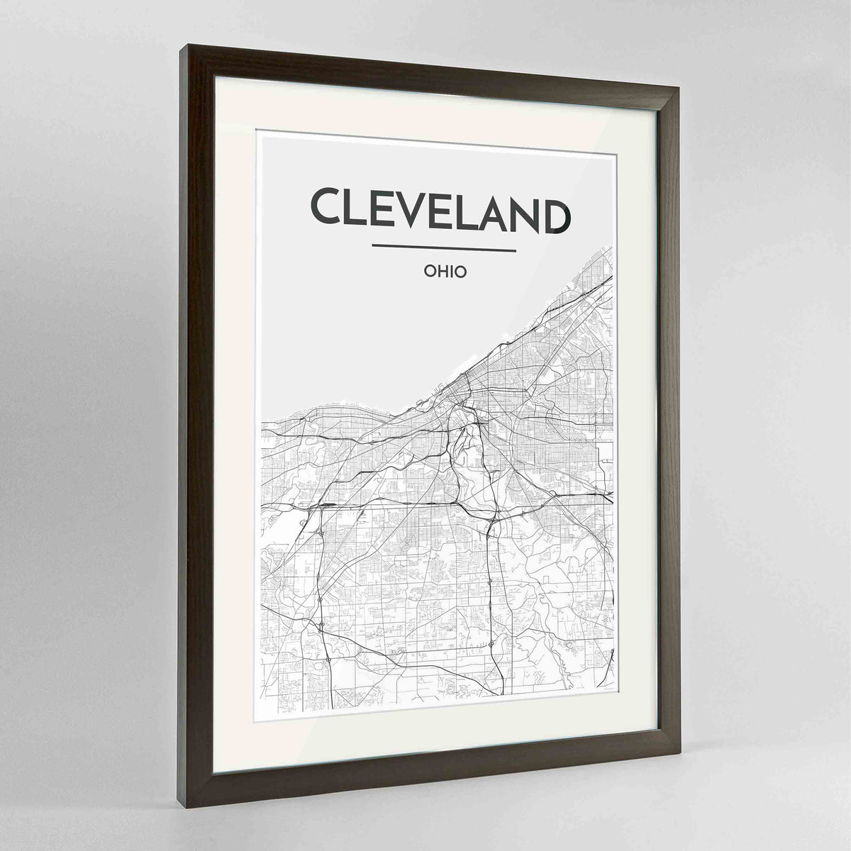 Framed Cleveland Map Art Print 24x36&quot; Contemporary Walnut frame Point Two Design Group