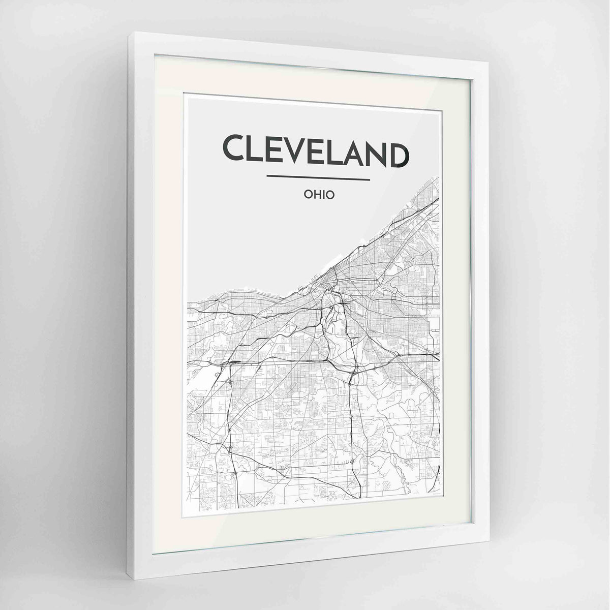 Framed Cleveland Map Art Print 24x36&quot; Contemporary White frame Point Two Design Group