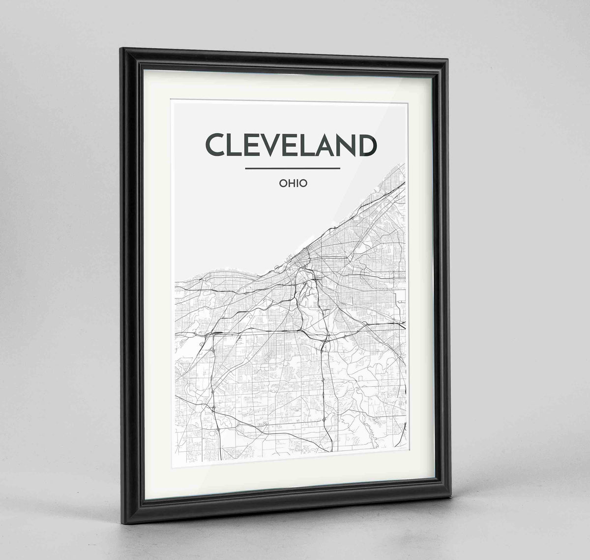 Framed Cleveland Map Art Print 24x36&quot; Traditional Black frame Point Two Design Group