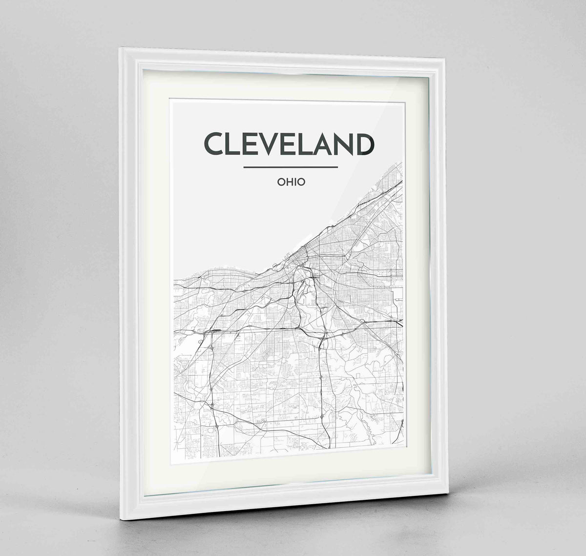 Framed Cleveland Map Art Print 24x36&quot; Traditional White frame Point Two Design Group