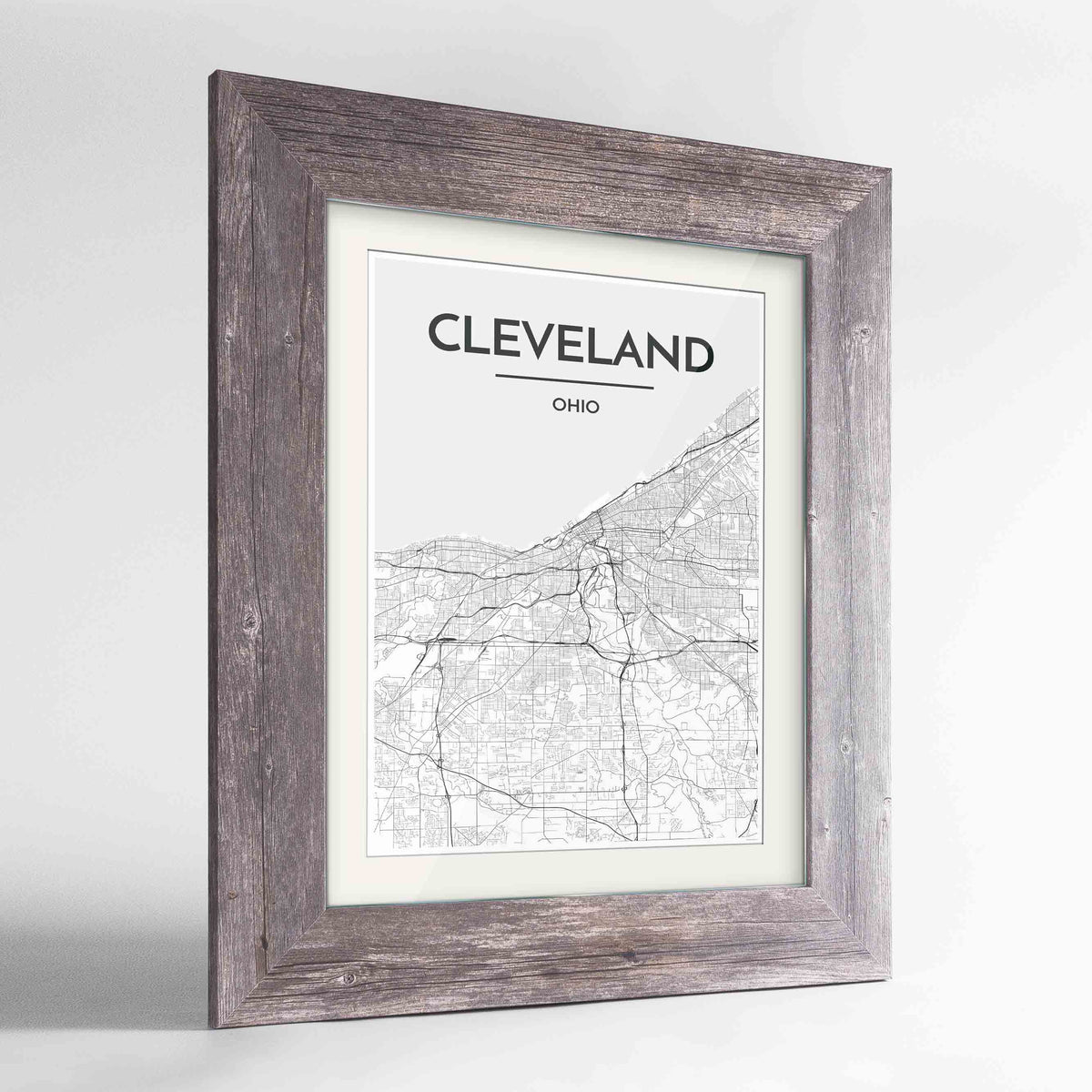 Framed Cleveland Map Art Print 24x36&quot; Western Grey frame Point Two Design Group