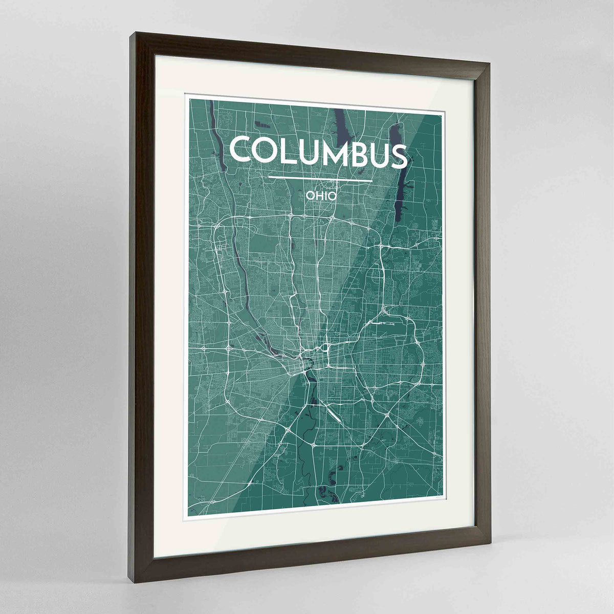 Framed Columbus Map Art Print 24x36&quot; Contemporary Walnut frame Point Two Design Group