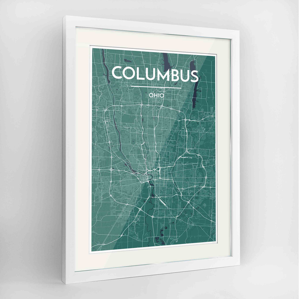 Framed Columbus Map Art Print 24x36&quot; Contemporary White frame Point Two Design Group