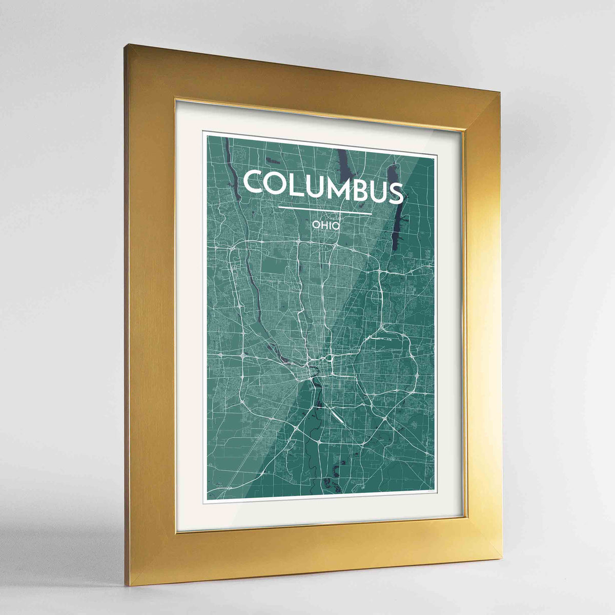 Framed Columbus Map Art Print 24x36&quot; Gold frame Point Two Design Group