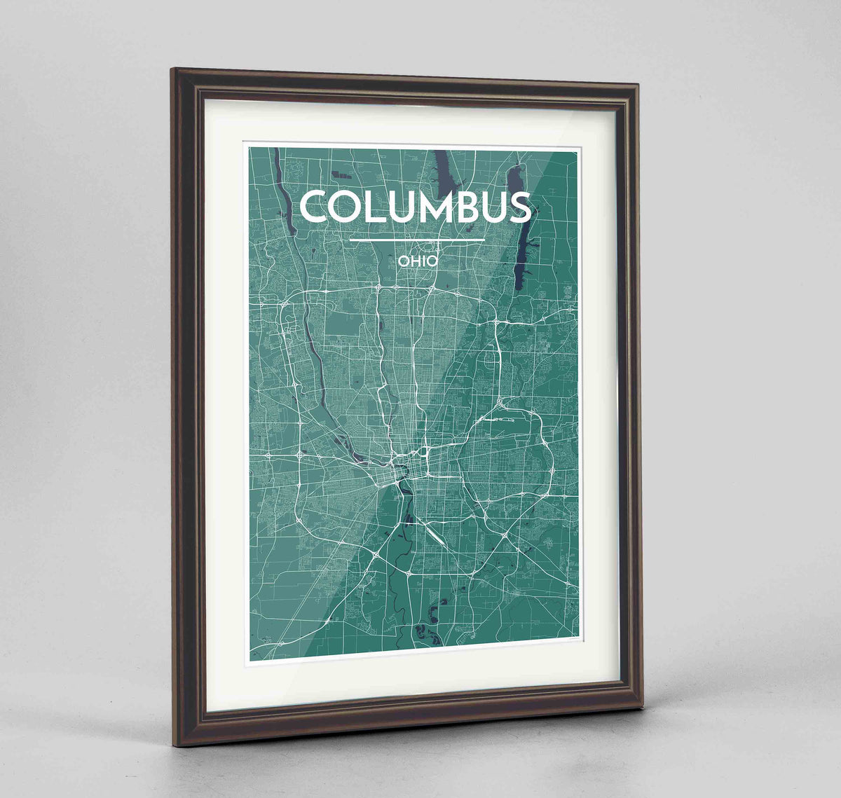 Framed Columbus Map Art Print 24x36&quot; Traditional Walnut frame Point Two Design Group