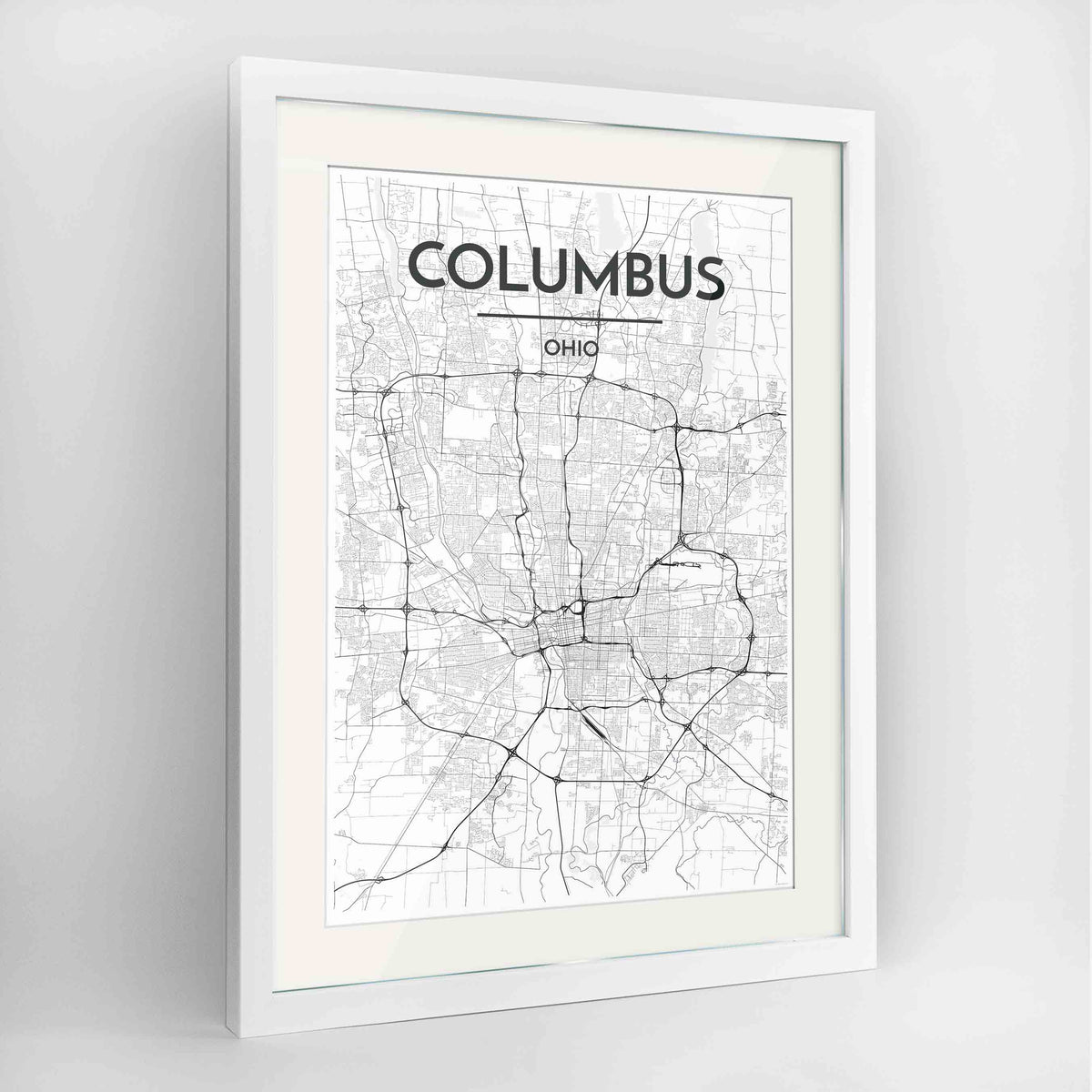 Framed Columbus Map Art Print 24x36&quot; Contemporary White frame Point Two Design Group