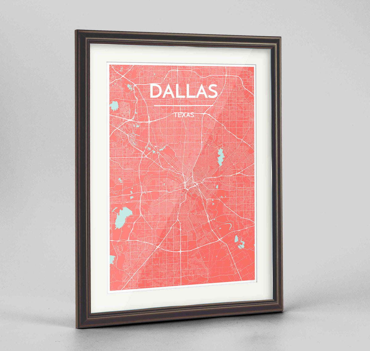 Framed Dallas Map Art Print 24x36&quot; Traditional Walnut frame Point Two Design Group