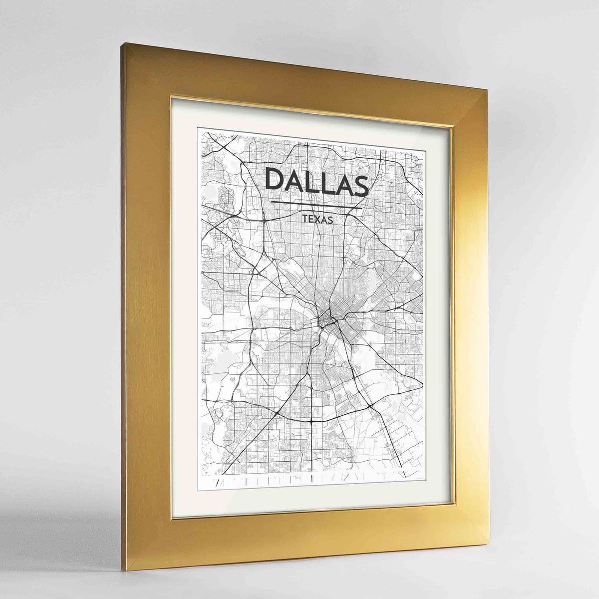 Framed Dallas Map Art Print 24x36&quot; Gold frame Point Two Design Group