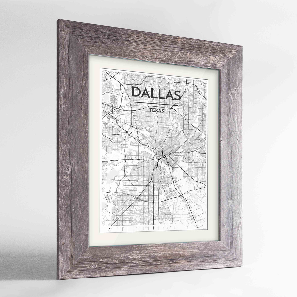 Framed Dallas Map Art Print 24x36&quot; Western Grey frame Point Two Design Group