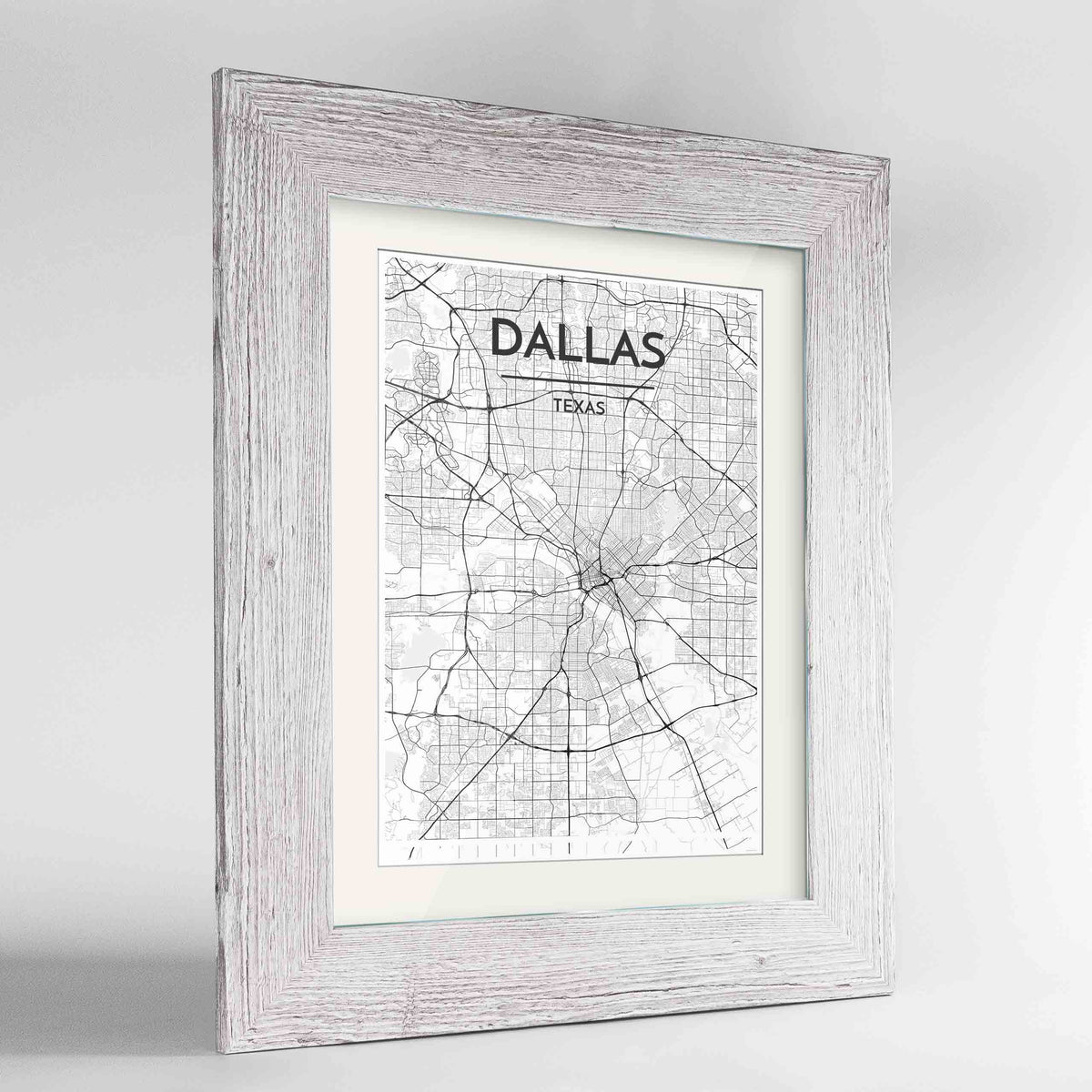 Framed Dallas Map Art Print 24x36&quot; Western White frame Point Two Design Group