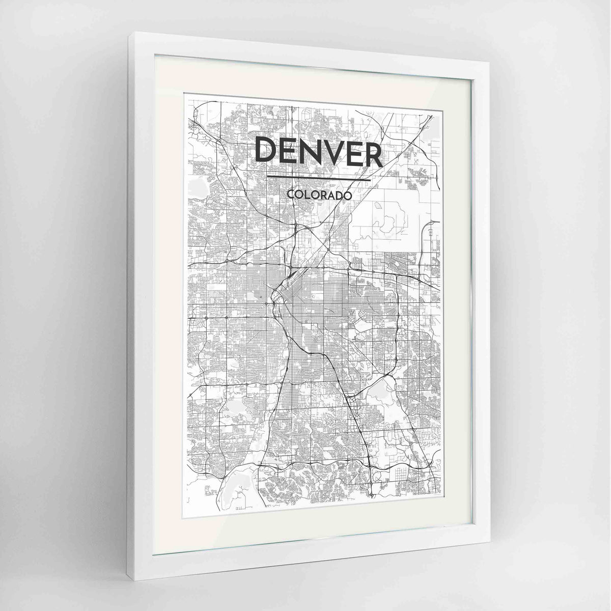 Framed Denver Map Art Print 24x36&quot; Contemporary White frame Point Two Design Group