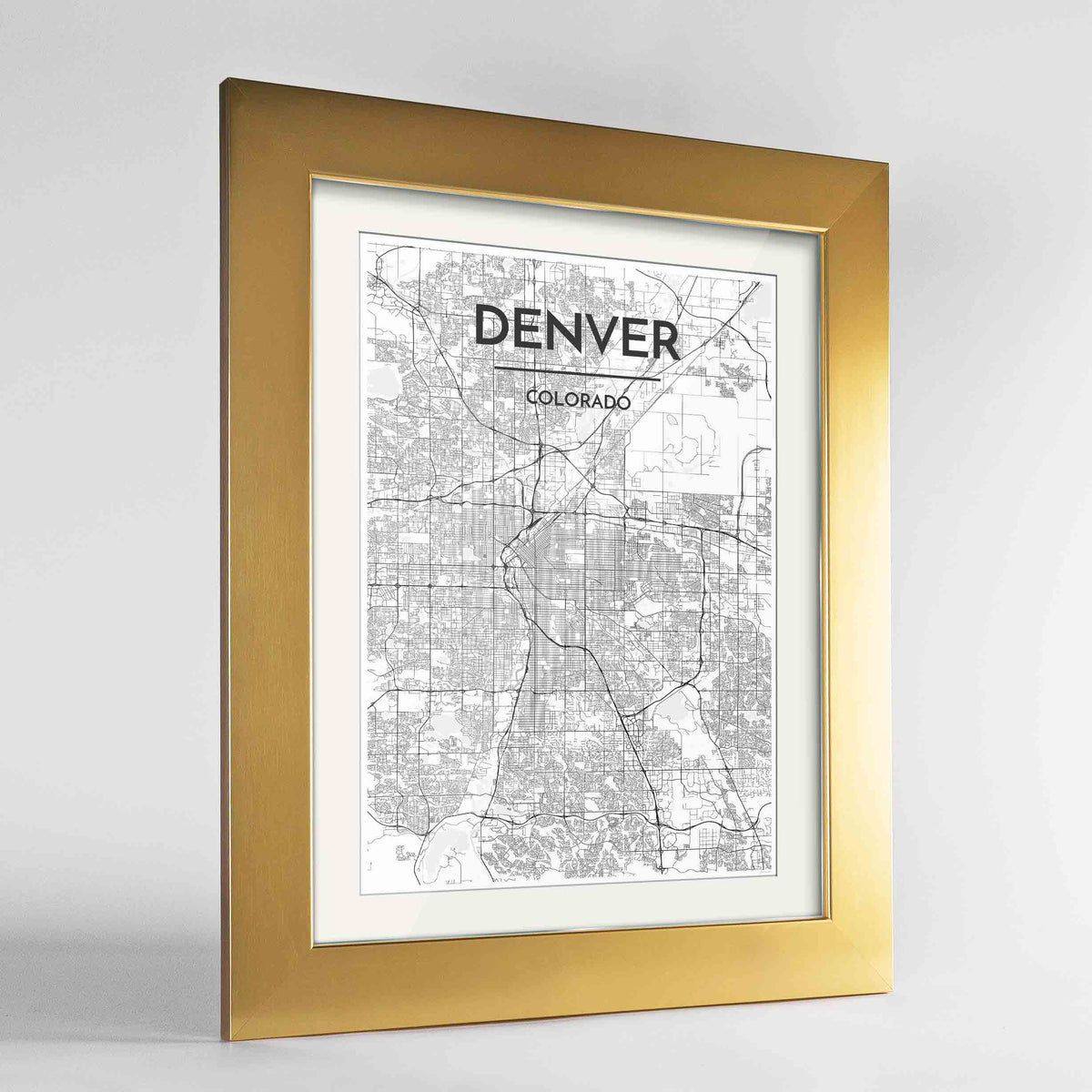 Framed Denver Map Art Print 24x36&quot; Gold frame Point Two Design Group