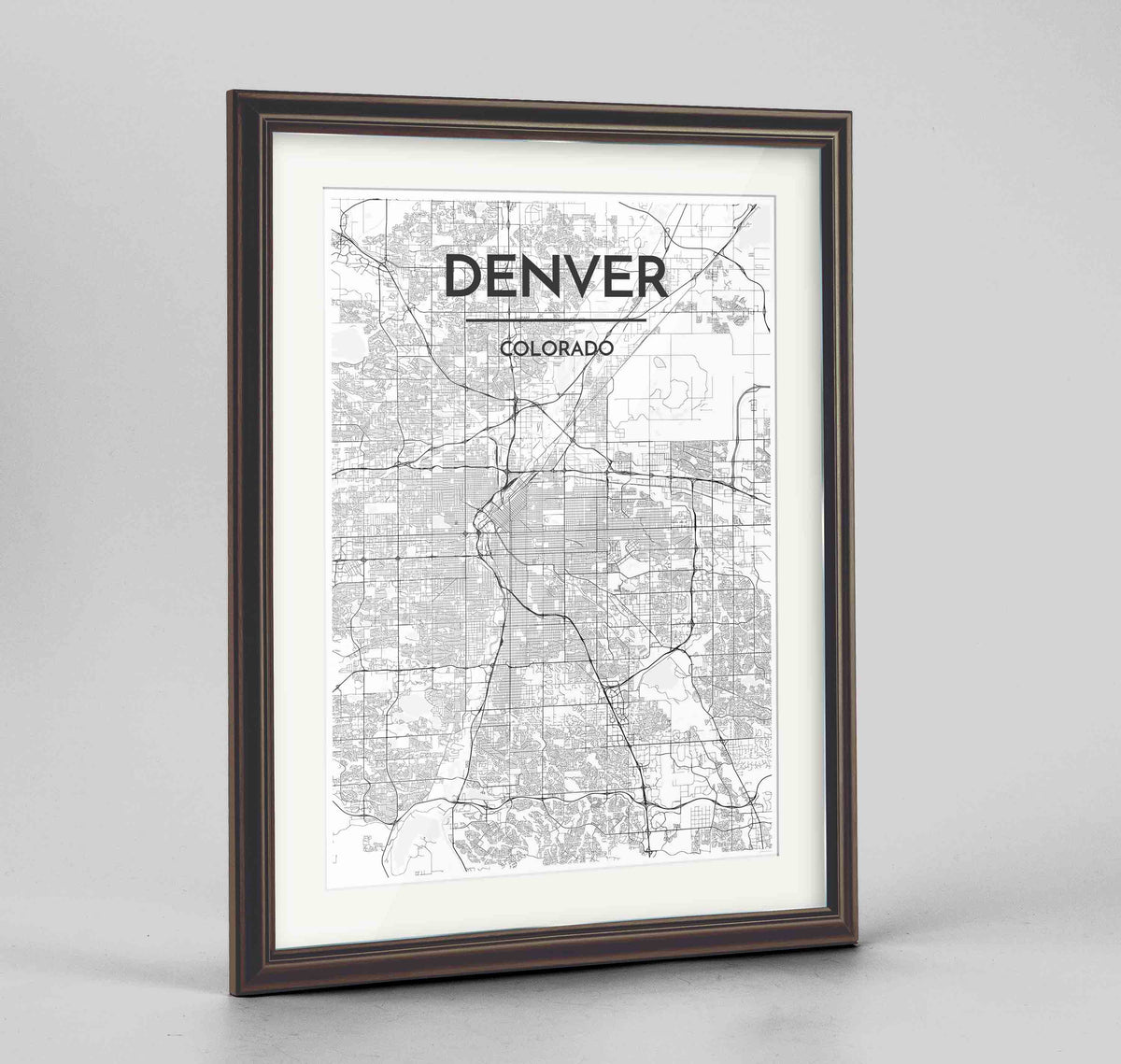 Framed Denver Map Art Print 24x36&quot; Traditional Walnut frame Point Two Design Group
