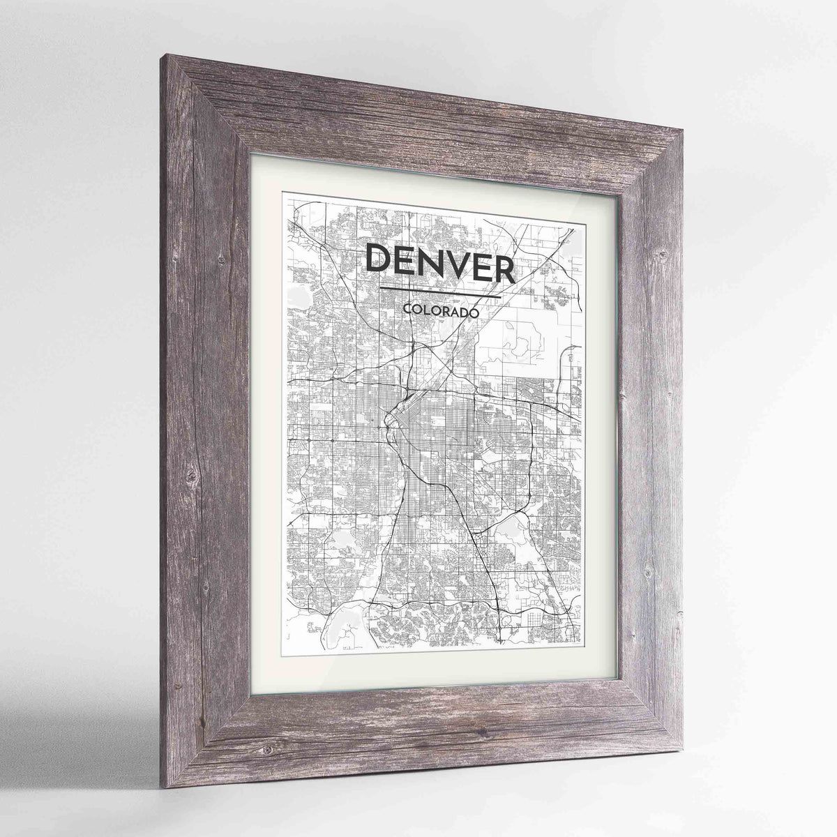 Framed Denver Map Art Print 24x36&quot; Western Grey frame Point Two Design Group