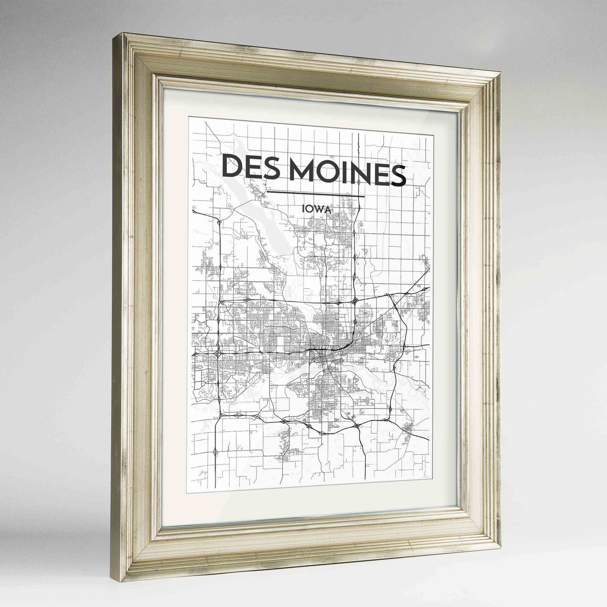 Framed Des Moines Map Art Print 24x36&quot; Champagne frame Point Two Design Group