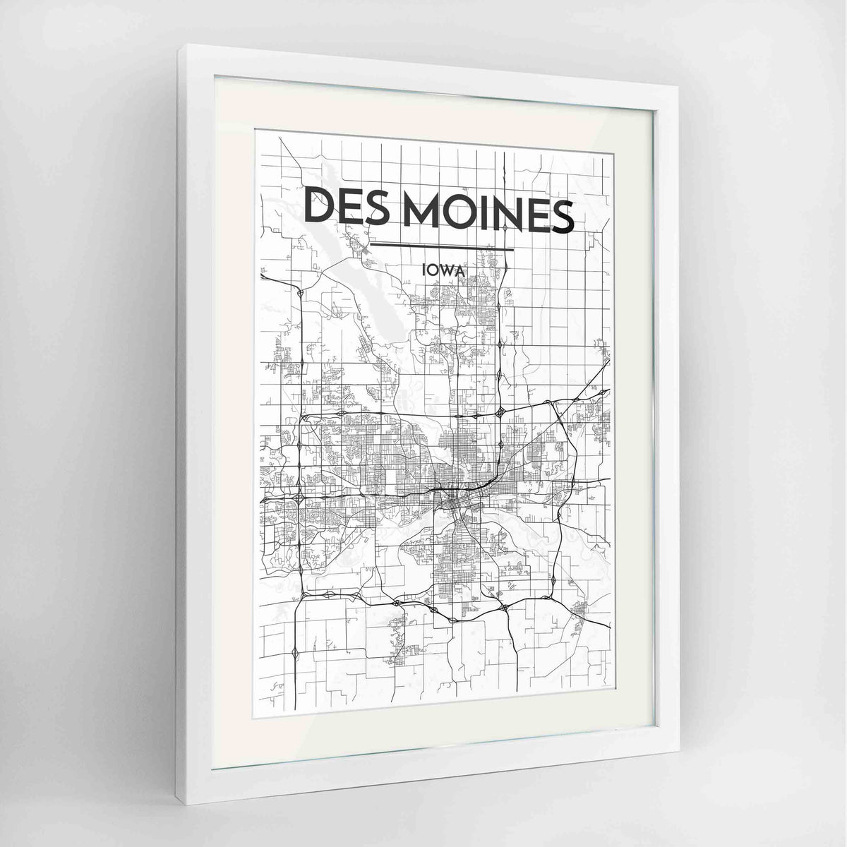 Framed Des Moines Map Art Print 24x36&quot; Contemporary White frame Point Two Design Group