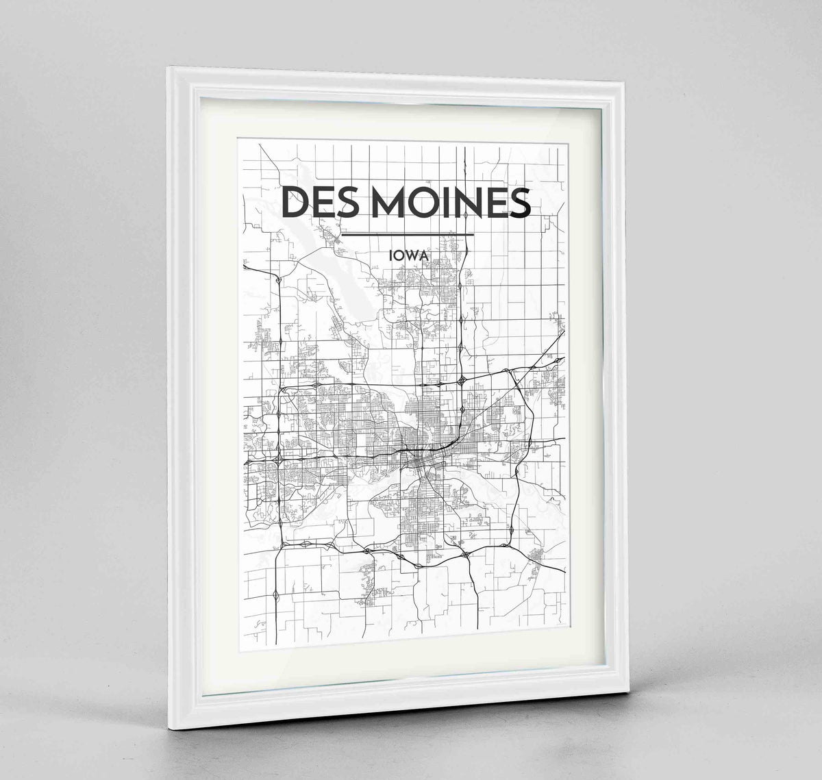 Framed Des Moines Map Art Print 24x36&quot; Traditional White frame Point Two Design Group