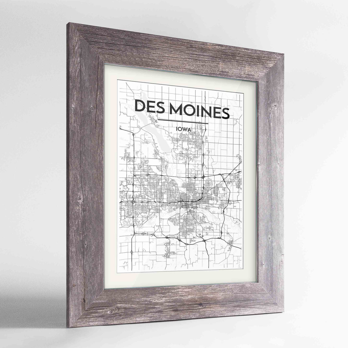Framed Des Moines Map Art Print 24x36&quot; Western Grey frame Point Two Design Group