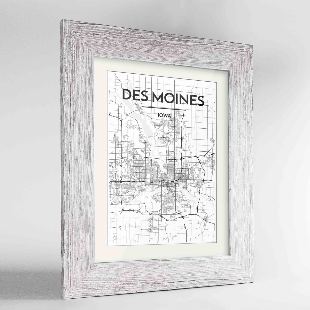 Framed Des Moines Map Art Print 24x36&quot; Western White frame Point Two Design Group