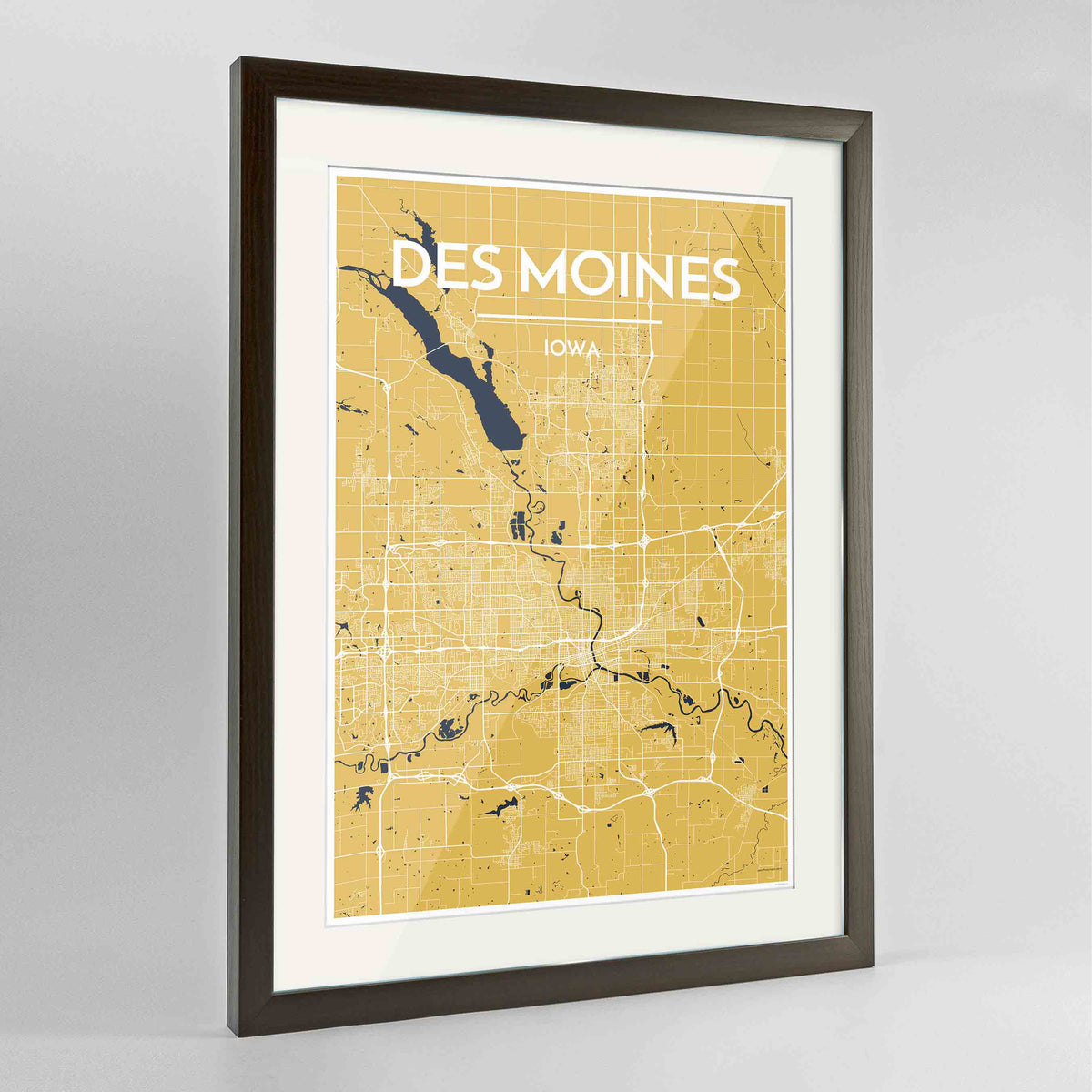 Framed Des Moines Map Art Print 24x36&quot; Contemporary Walnut frame Point Two Design Group