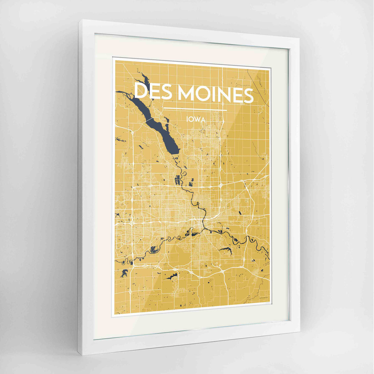 Framed Des Moines Map Art Print 24x36&quot; Contemporary White frame Point Two Design Group