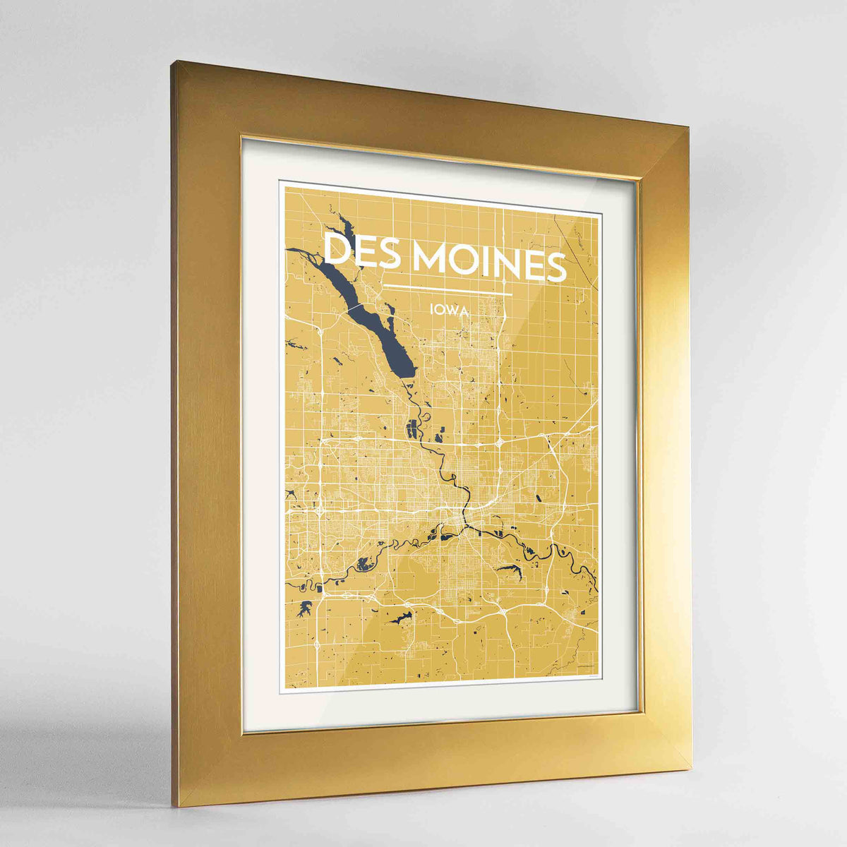 Framed Des Moines Map Art Print 24x36&quot; Gold frame Point Two Design Group