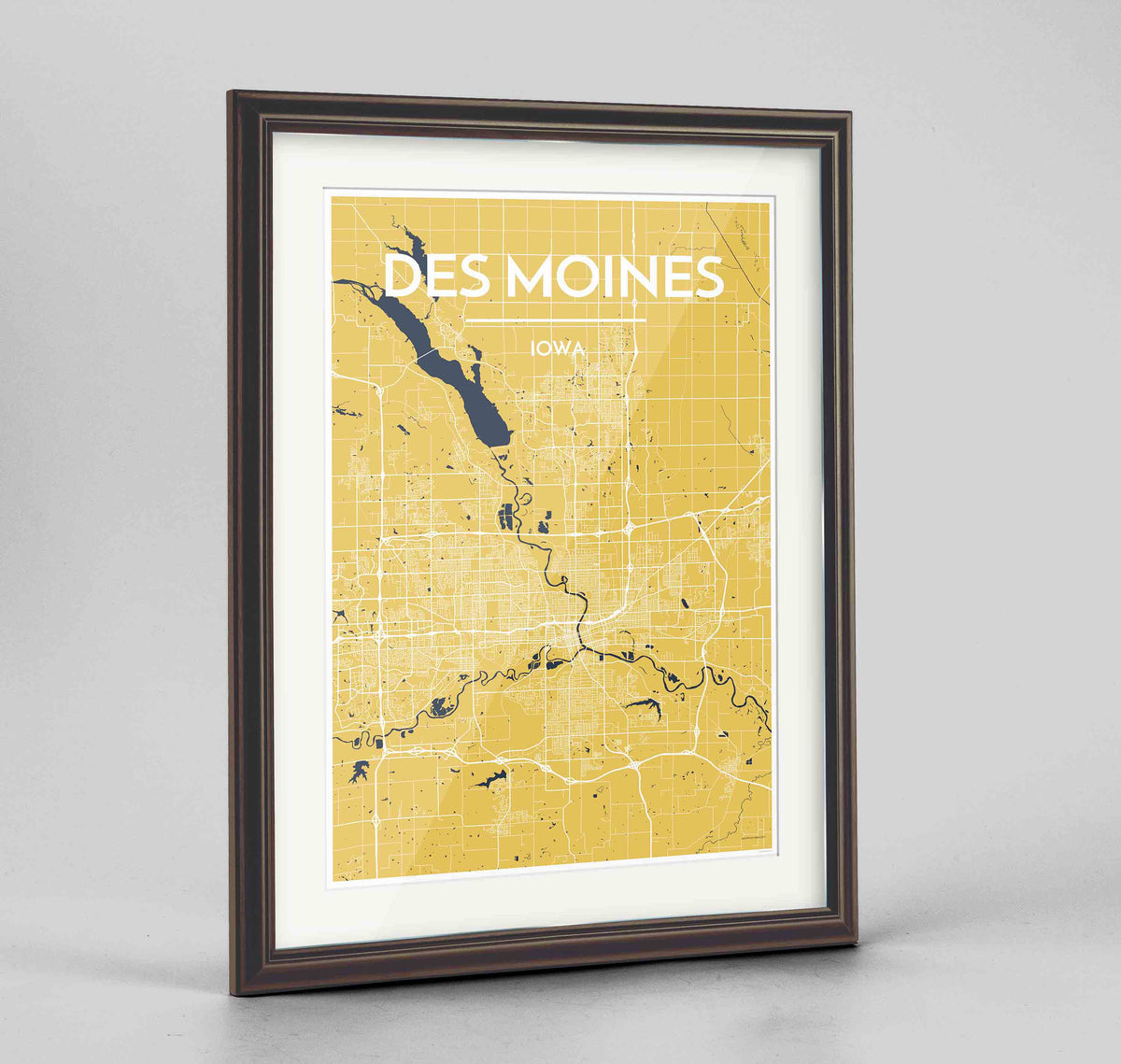 Framed Des Moines Map Art Print 24x36&quot; Traditional Walnut frame Point Two Design Group
