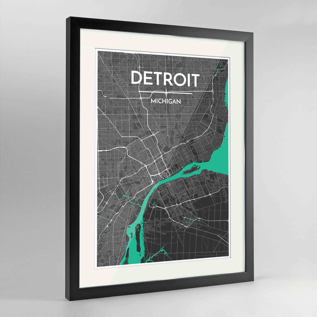 Framed Detroit Map Art Print 24x36&quot; Contemporary Black frame Point Two Design Group