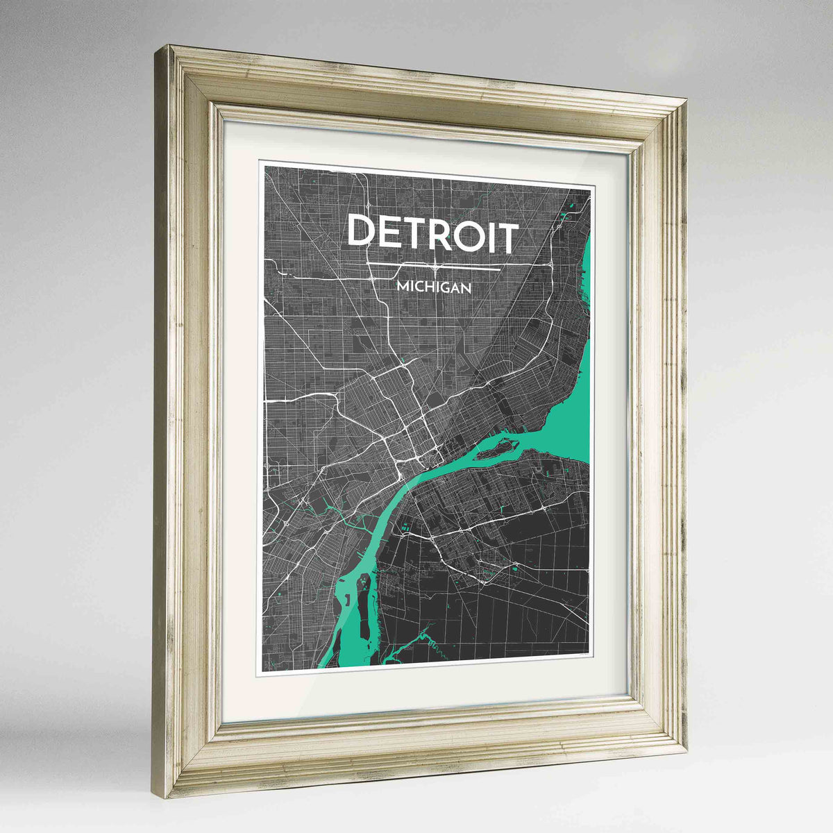 Framed Detroit Map Art Print 24x36&quot; Champagne frame Point Two Design Group