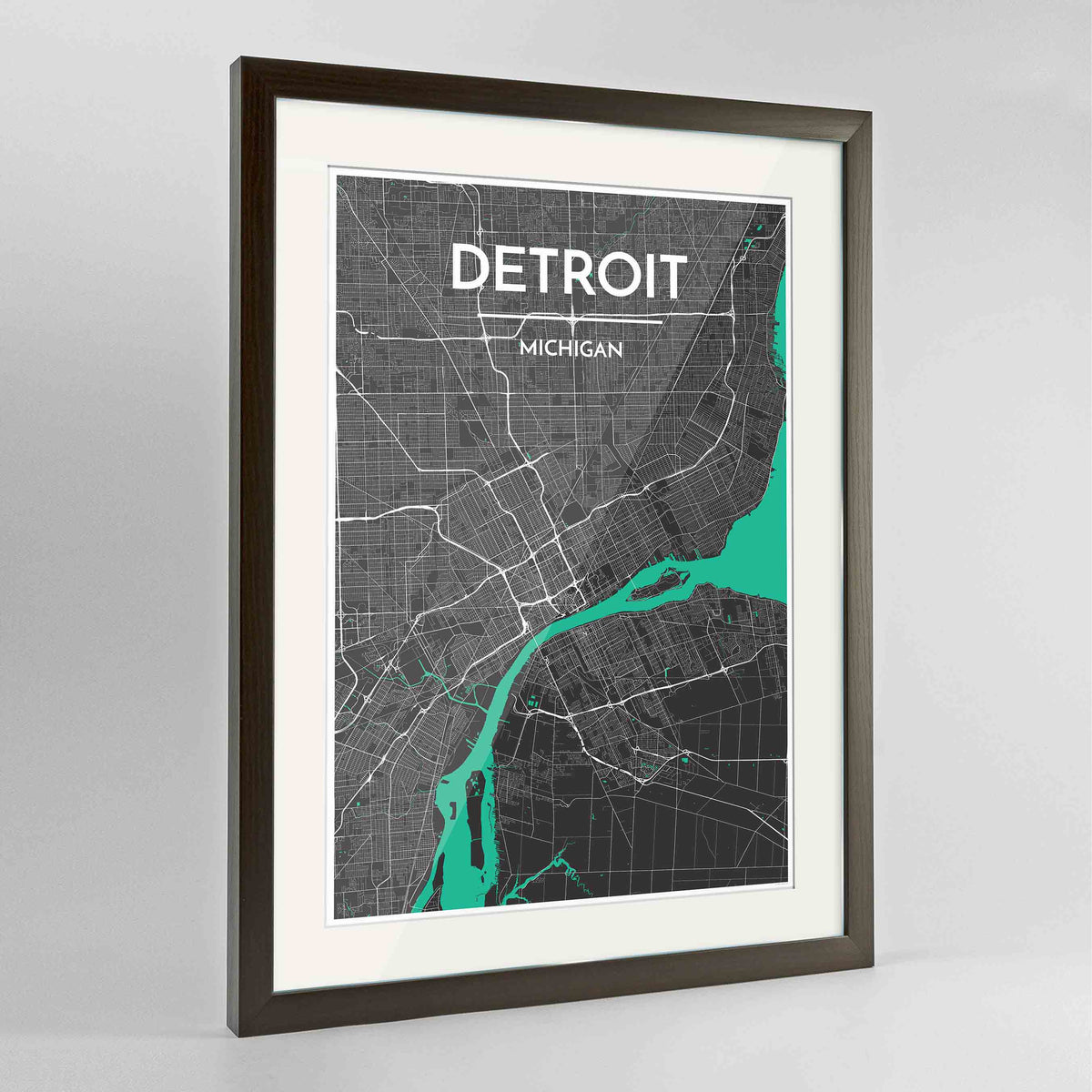 Framed Detroit Map Art Print 24x36&quot; Contemporary Walnut frame Point Two Design Group