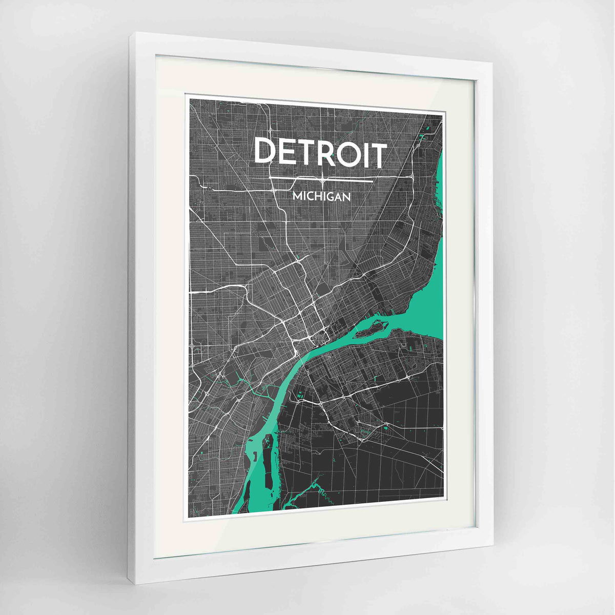 Framed Detroit Map Art Print 24x36&quot; Contemporary White frame Point Two Design Group