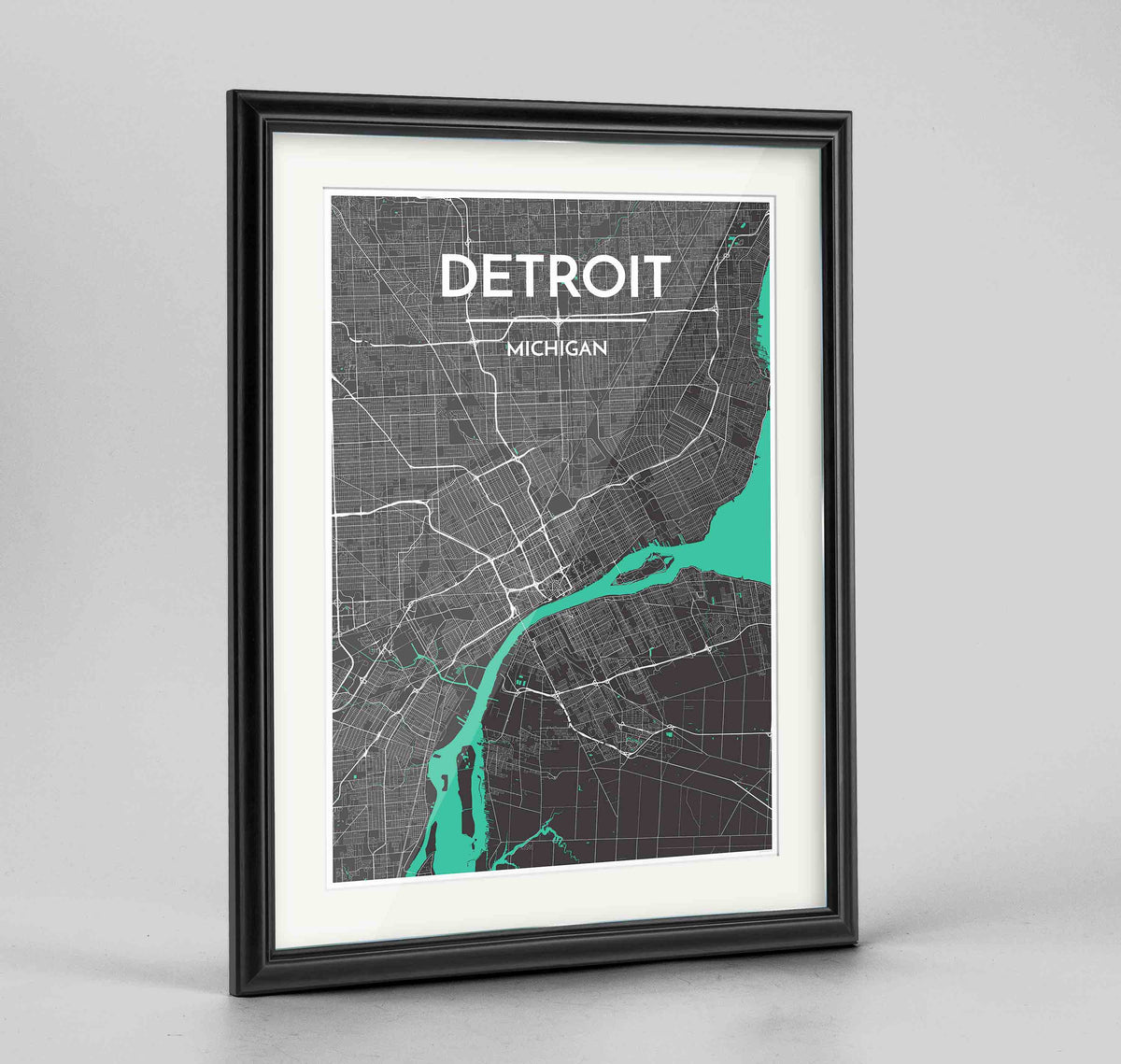 Framed Detroit Map Art Print 24x36&quot; Traditional Black frame Point Two Design Group