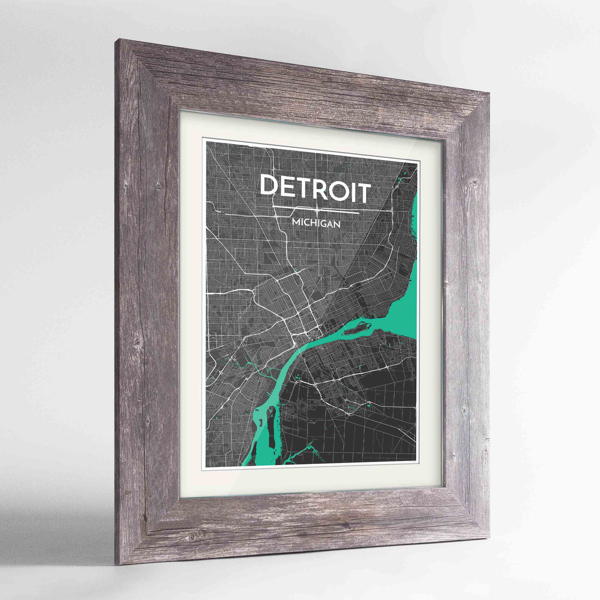 Framed Detroit Map Art Print 24x36&quot; Western Grey frame Point Two Design Group